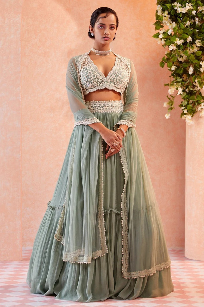 Women's Sea Green Two Tier Crush Georgette Lehenga Choli With Dupatta  (Semi-Stitched )