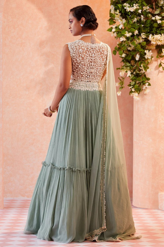 Women's Sea Green Two Tier Crush Georgette Lehenga Choli With Dupatta  (Semi-Stitched )