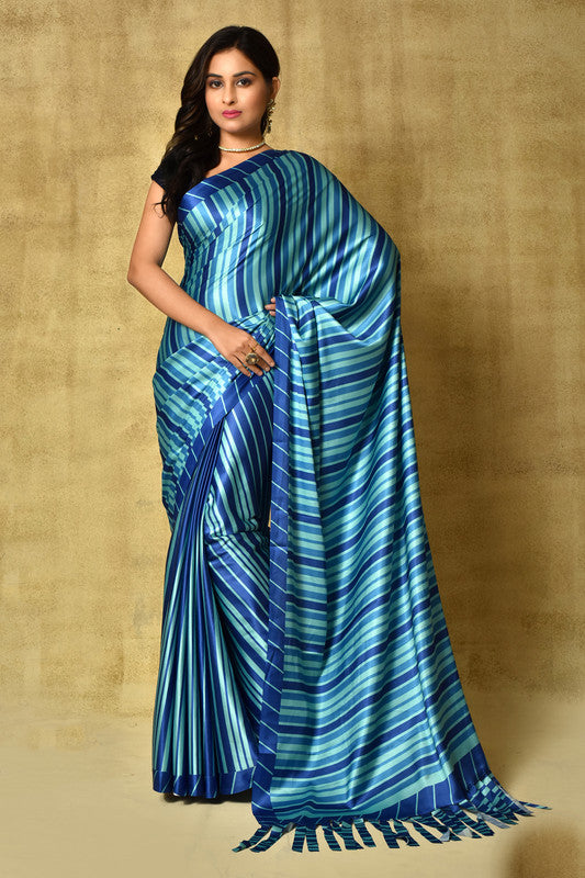 Women's Blue Digital Printed Pure Japan satin saree With Blouse  (Saree Blouse Without stitch) - Aastha Fashion