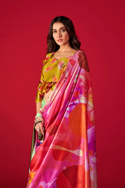 Women's Multicolor Digital Printed satin Crepe saree With Blouse  (Saree Blouse Without stitch) - Aastha Fashion