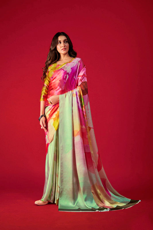 Women's Multicolor Digital Printed satin Crepe saree With Blouse  (Saree Blouse Without stitch) - Aastha Fashion