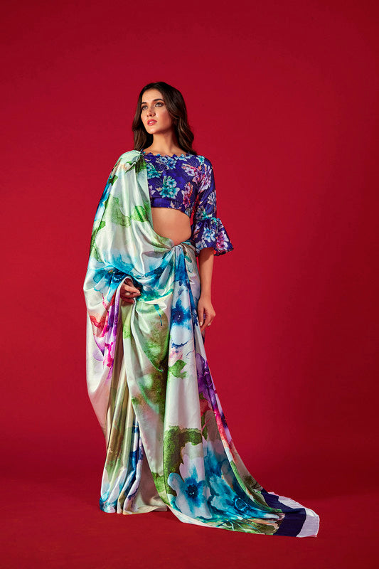 Women's Multicolor Digital Printed satin Crepe saree With Blouse  (Saree Blouse Without stitch) - Aastha Fashion