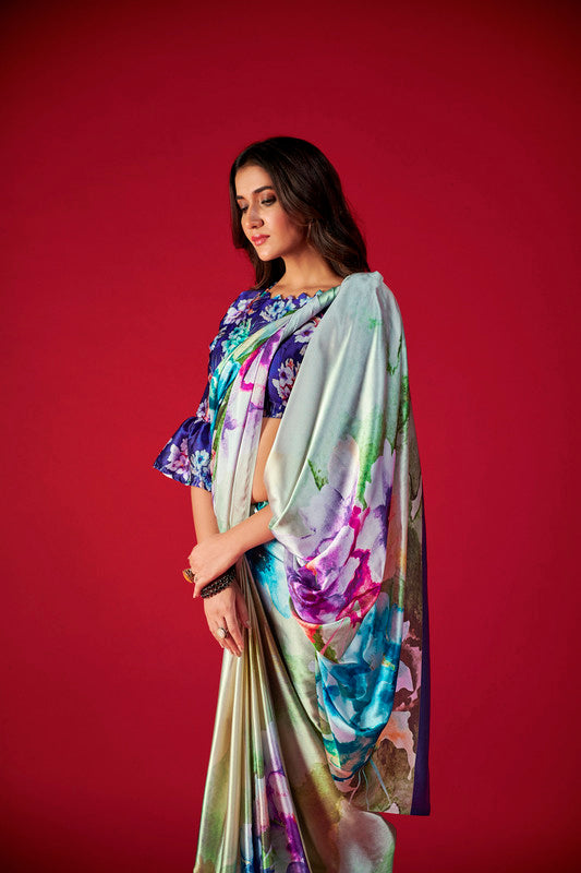 Women's Multicolor Digital Printed satin Crepe saree With Blouse  (Saree Blouse Without stitch) - Aastha Fashion