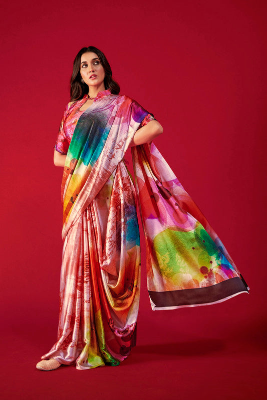 Women's Multicolor Digital Printed satin Crepe saree With Blouse  (Saree Blouse Without stitch) - Aastha Fashion