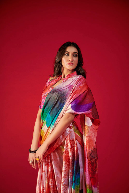 Women's Multicolor Digital Printed satin Crepe saree With Blouse  (Saree Blouse Without stitch) - Aastha Fashion