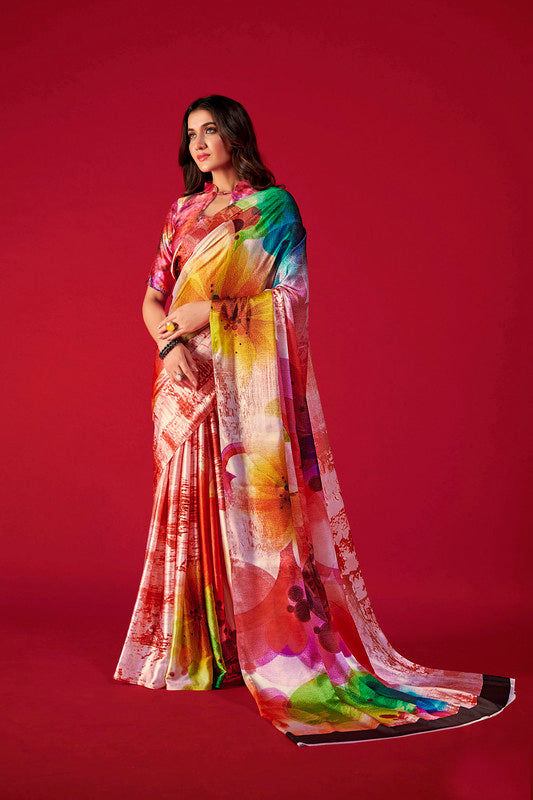 Women's Multicolor Digital Printed satin Crepe saree With Blouse  (Saree Blouse Without stitch) - Aastha Fashion