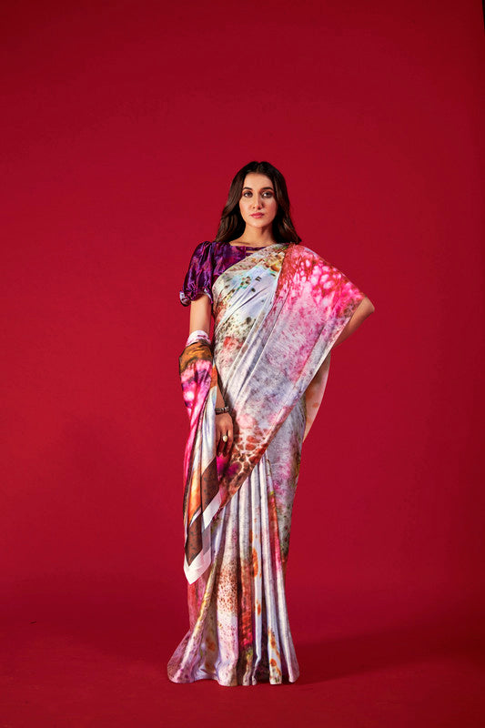 Women's Multicolor Digital Printed satin Crepe saree With Blouse  (Saree Blouse Without stitch) - Aastha Fashion