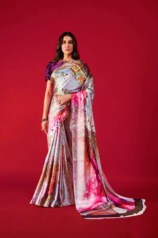 Women's Multicolor Digital Printed satin Crepe saree With Blouse  (Saree Blouse Without stitch) - Aastha Fashion