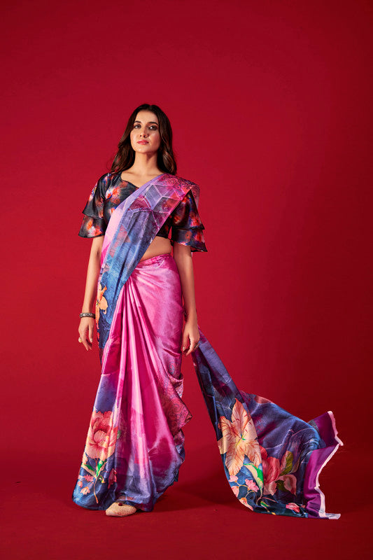 Women's Multicolor Digital Printed satin Crepe saree With Blouse  (Saree Blouse Without stitch) - Aastha Fashion