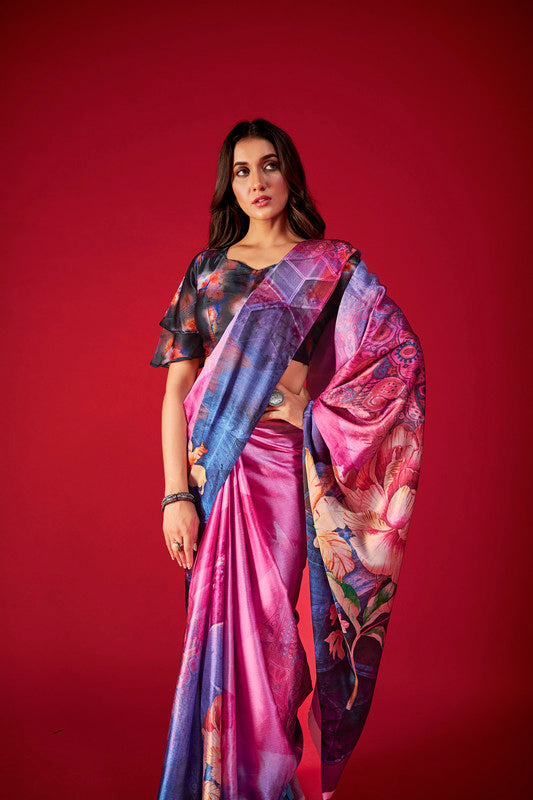 Women's Multicolor Digital Printed satin Crepe saree With Blouse  (Saree Blouse Without stitch) - Aastha Fashion