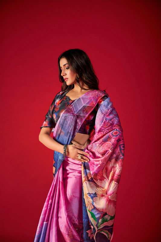 Women's Multicolor Digital Printed satin Crepe saree With Blouse  (Saree Blouse Without stitch) - Aastha Fashion