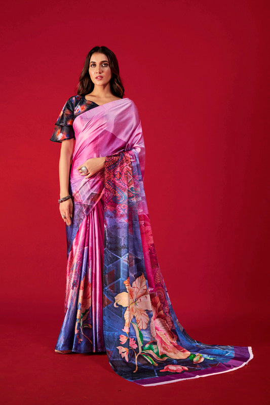 Women's Multicolor Digital Printed satin Crepe saree With Blouse  (Saree Blouse Without stitch) - Aastha Fashion