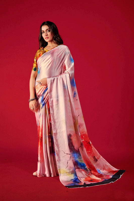 Women's Multicolor Digital Printed satin Crepe saree With Blouse  (Saree Blouse Without stitch) - Aastha Fashion