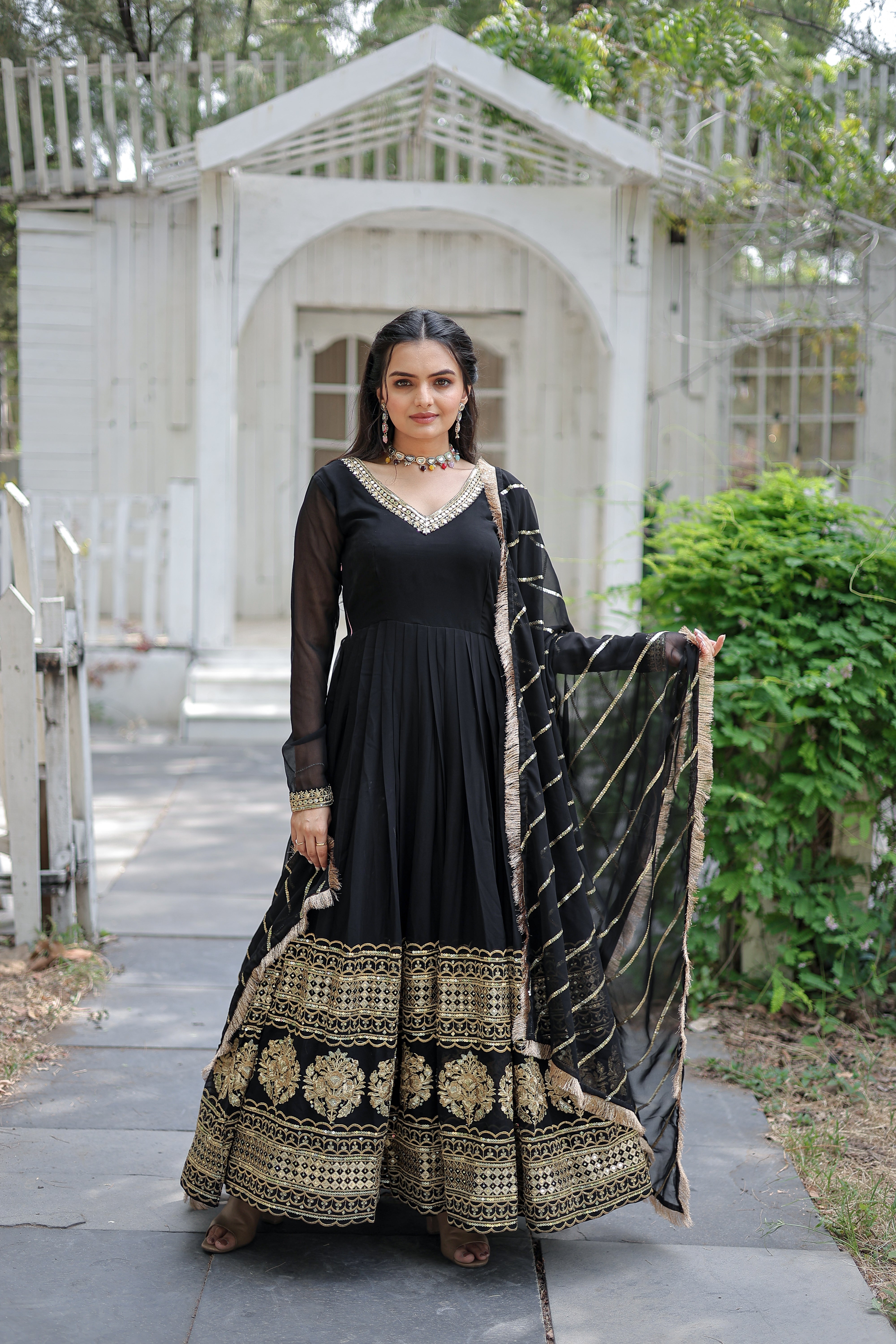 Women's Black Faux Georgette Sequins Embroidered Anarkali Dress With Dupatta (stitched ) Black / L | Trendia Global Women's Black Faux Georgette Sequins Embroidered Anarkali Dress With Dupatta (stitched ) Black / L | Trendia Global