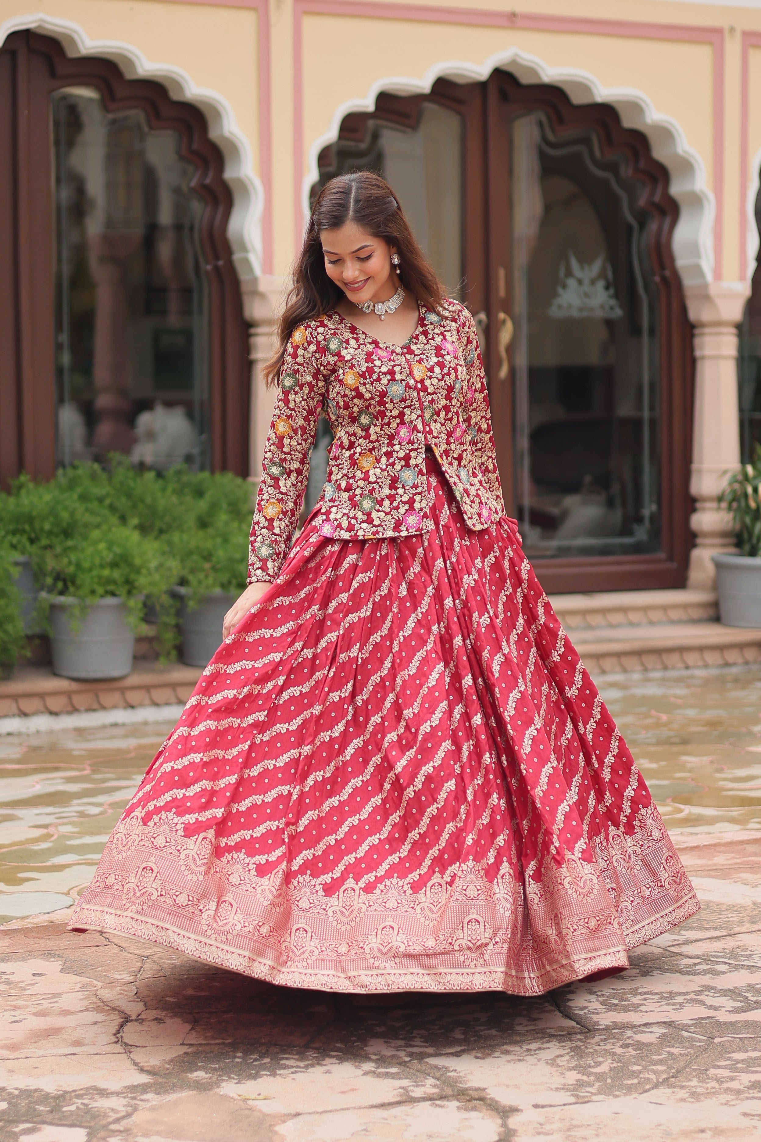 Women's Red Pure Dyable Viscose Embroidered Sequins Work Lehenga Set - Aastha Fashion