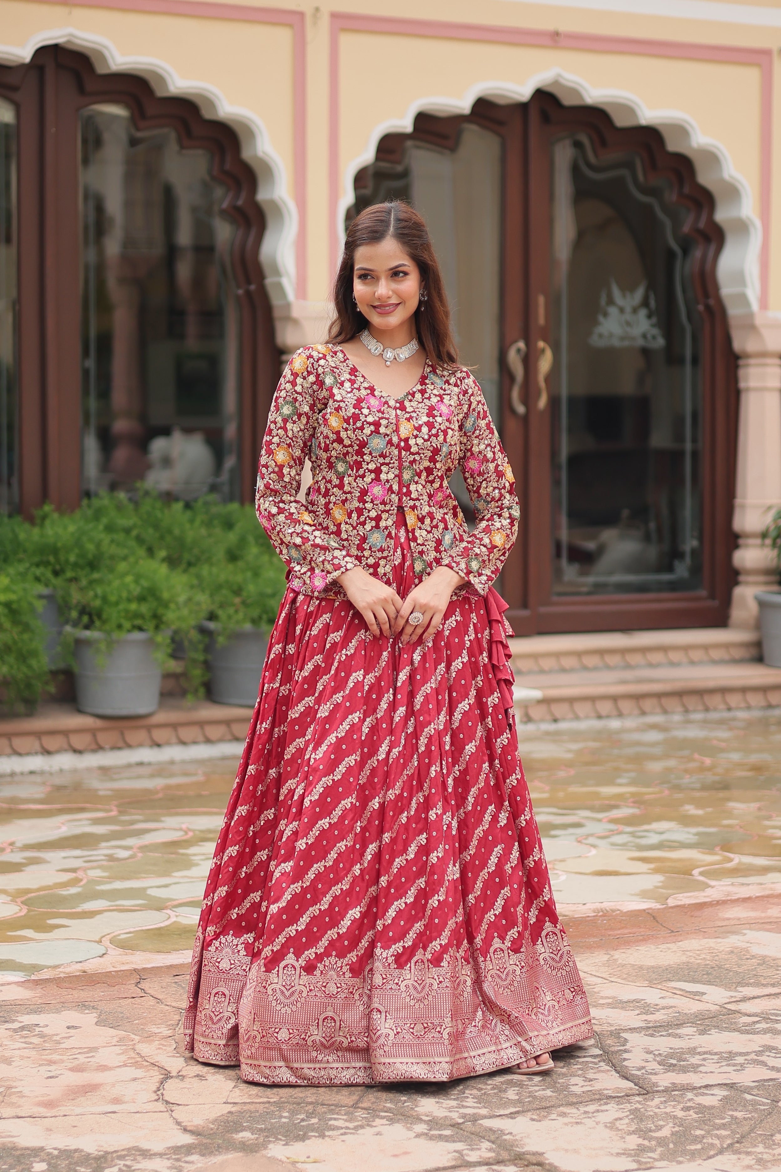 Women's Red Pure Dyable Viscose Embroidered Sequins Work Lehenga Set - Aastha Fashion