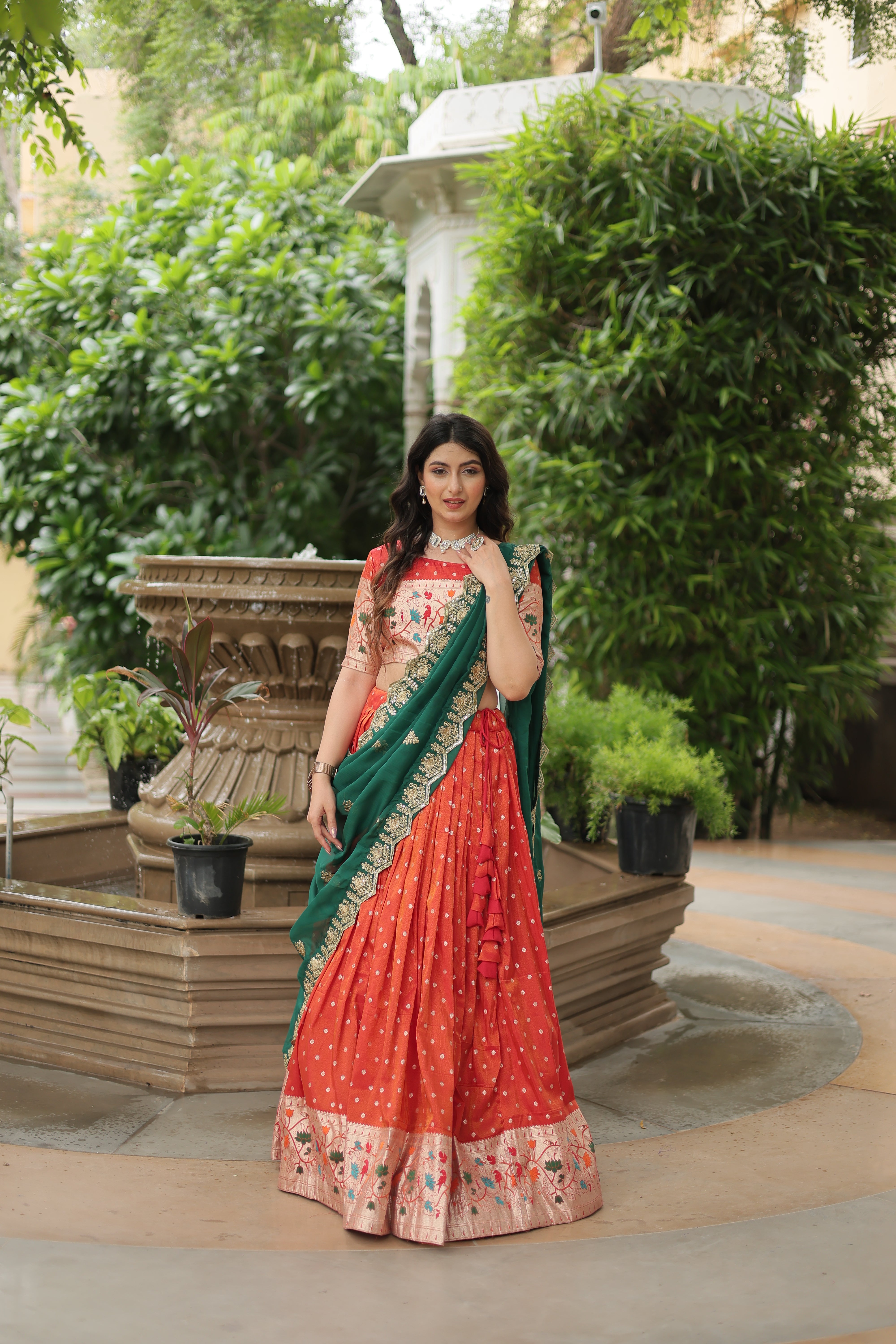 Women's Orange Cosmos Meena Weaving Lehenga Set - Aastha Fashion