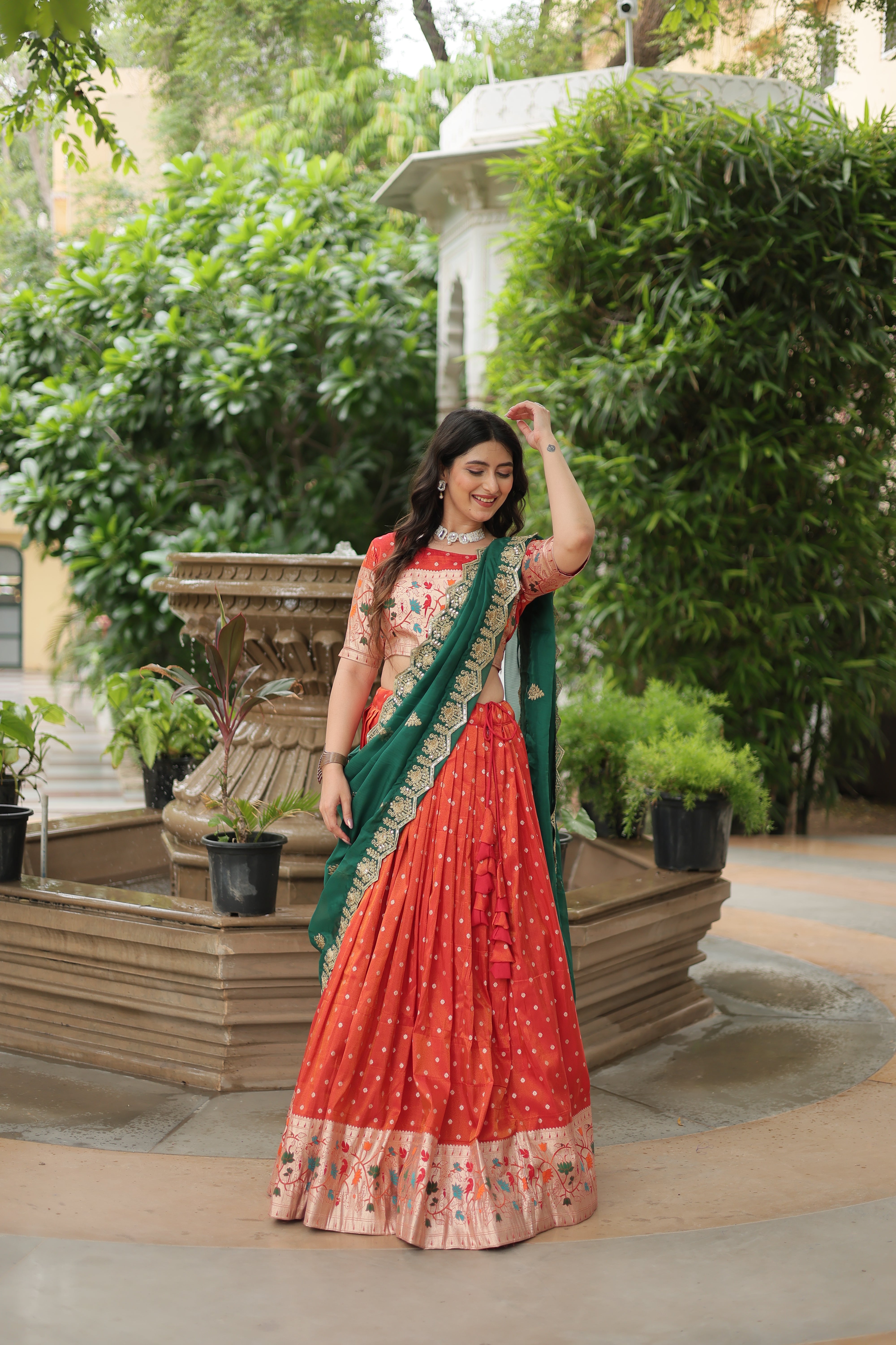 Women's Orange Cosmos Meena Weaving Lehenga Set - Aastha Fashion