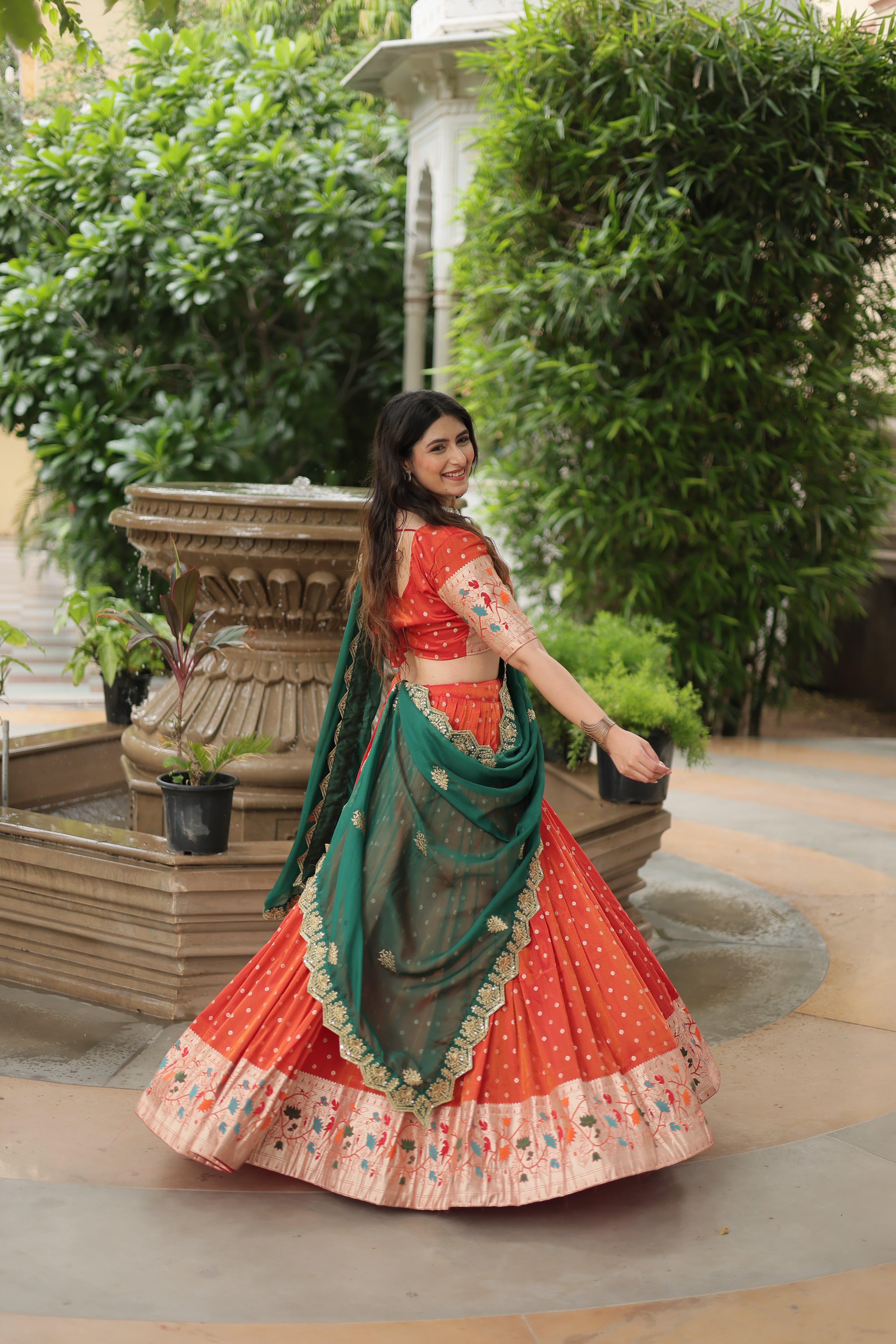 Women's Orange Cosmos Meena Weaving Lehenga Set - Aastha Fashion