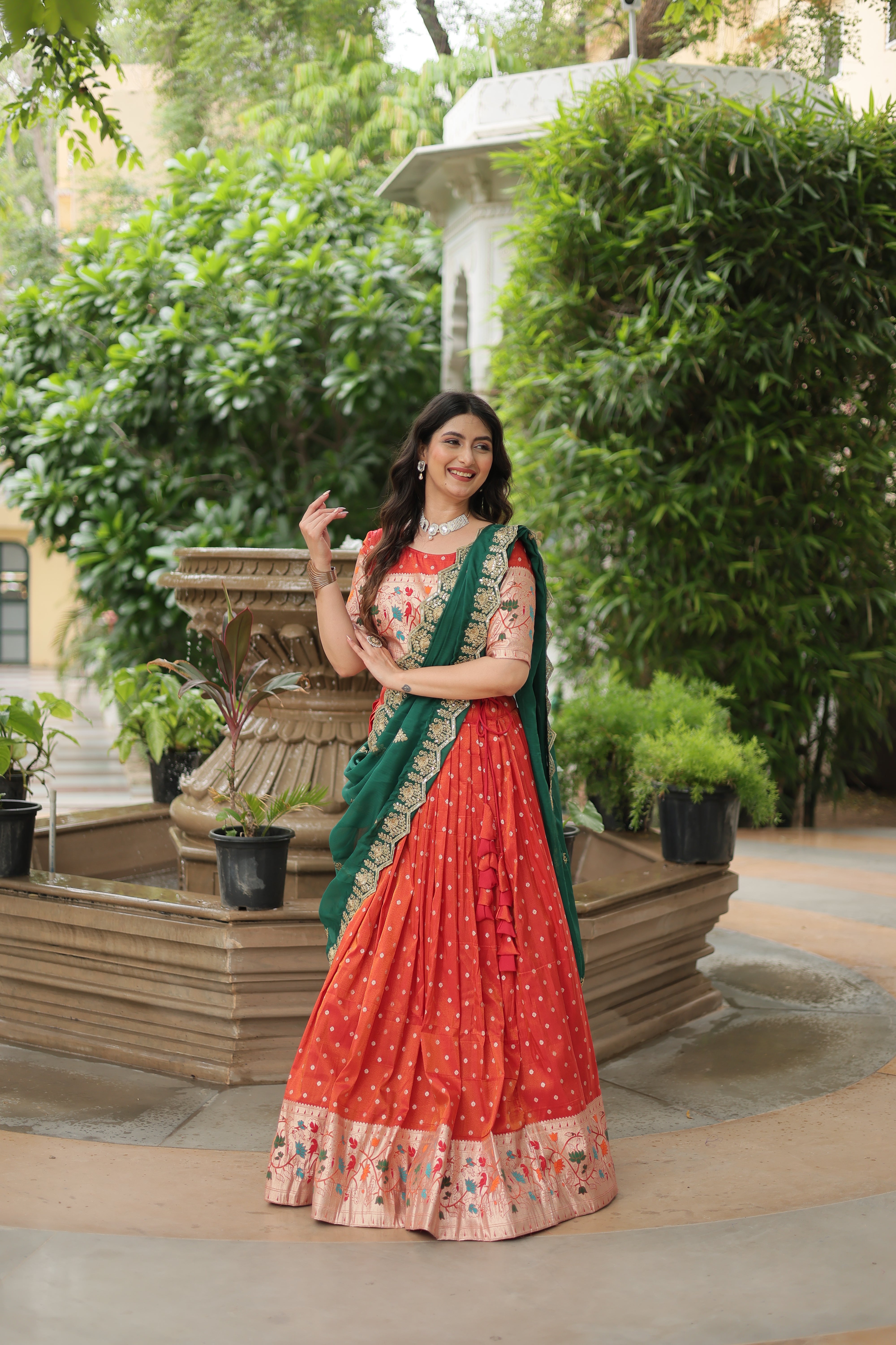 Women's Orange Cosmos Meena Weaving Lehenga Set - Aastha Fashion