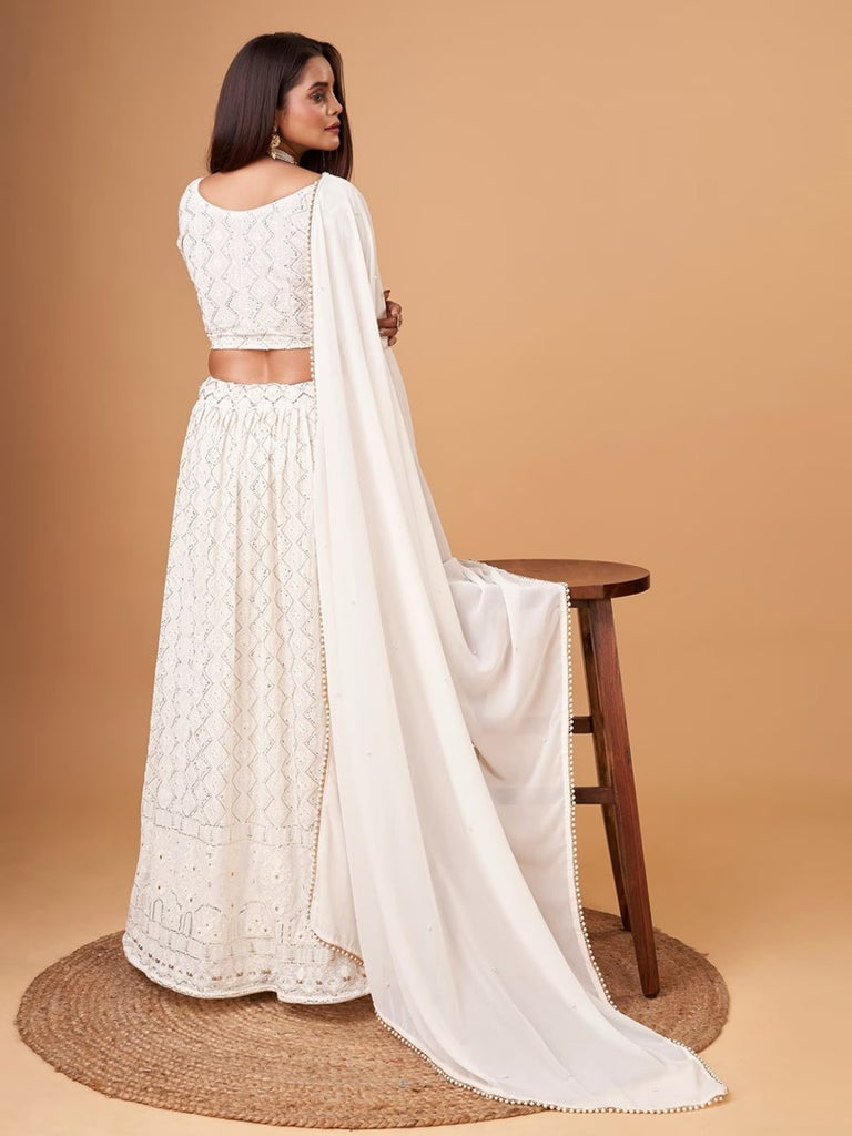 Women's White Faux Georgette Thread Embroidery Lehenga Set