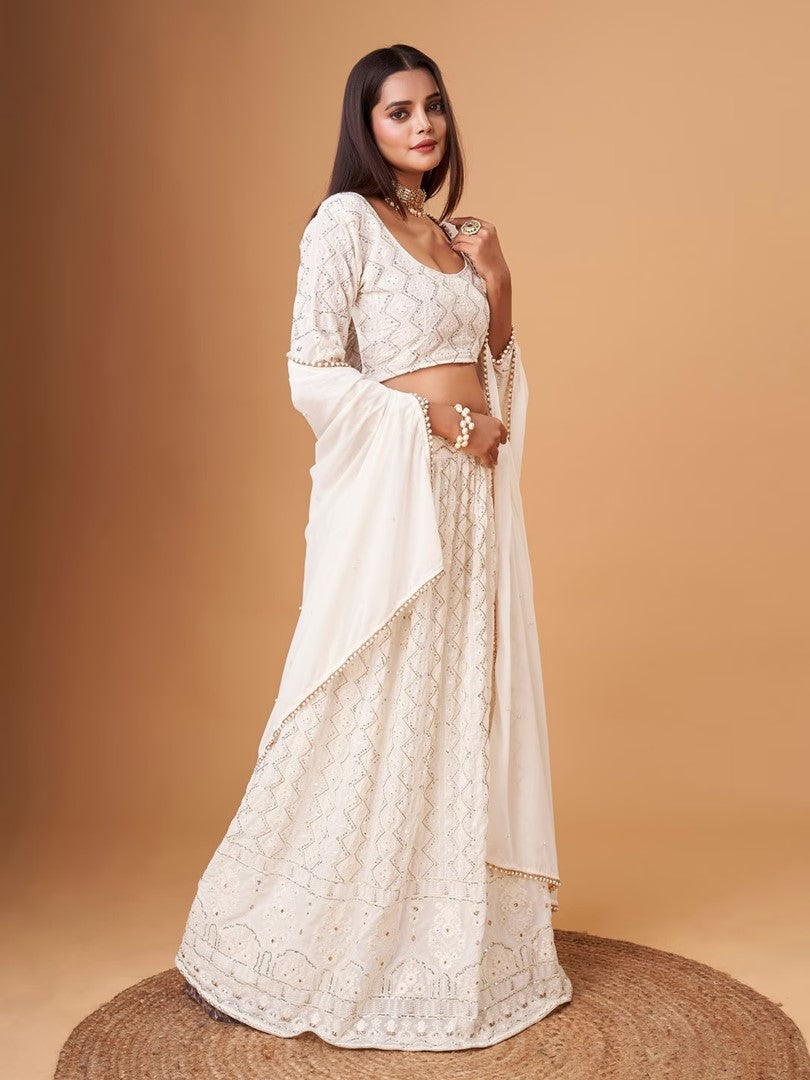 Women's White Faux Georgette Thread Embroidery Lehenga Set - Aastha Fashion