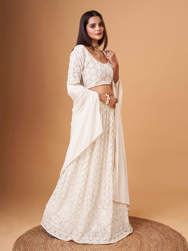 Women's White Faux Georgette Thread Embroidery Lehenga Set