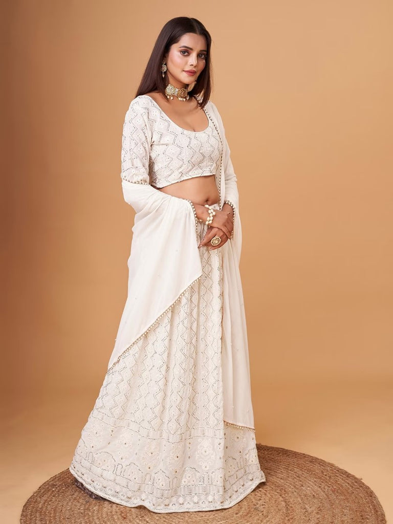 Women's White Faux Georgette Thread Embroidery Lehenga Set