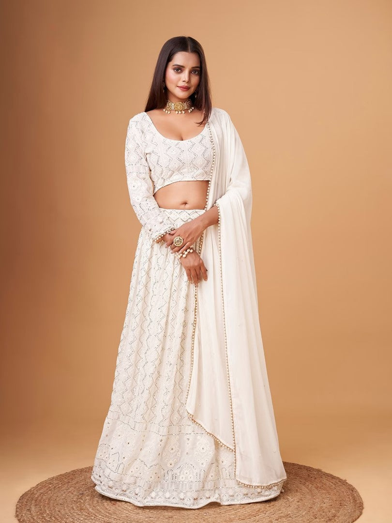 Women's White Faux Georgette Thread Embroidery Lehenga Set - Aastha Fashion