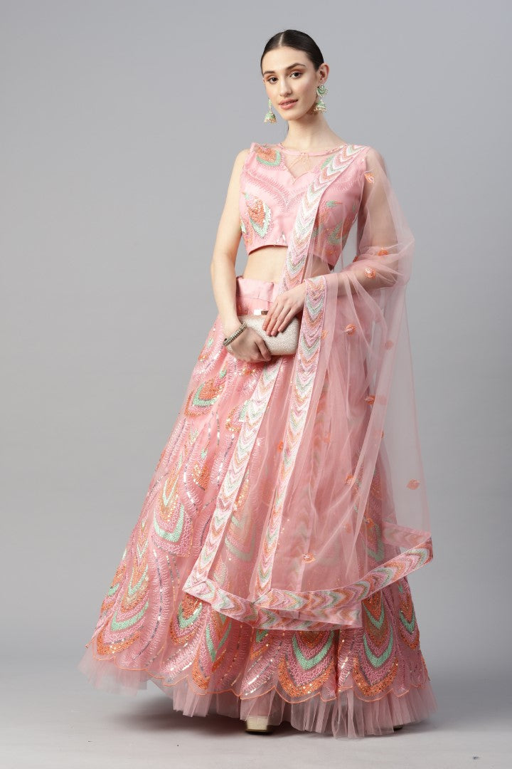 Women's Pink Net Thread Embroidery Lehenga Set - Aastha Fashion