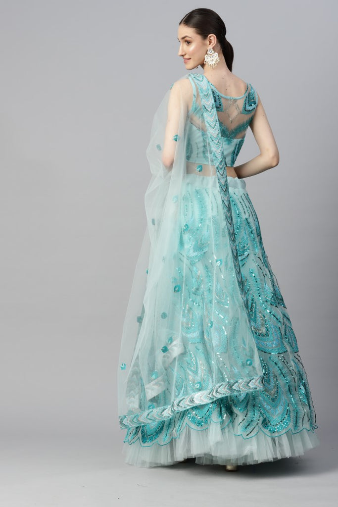 Women's Sky Blue Net Thread Embroidery Lehenga Set