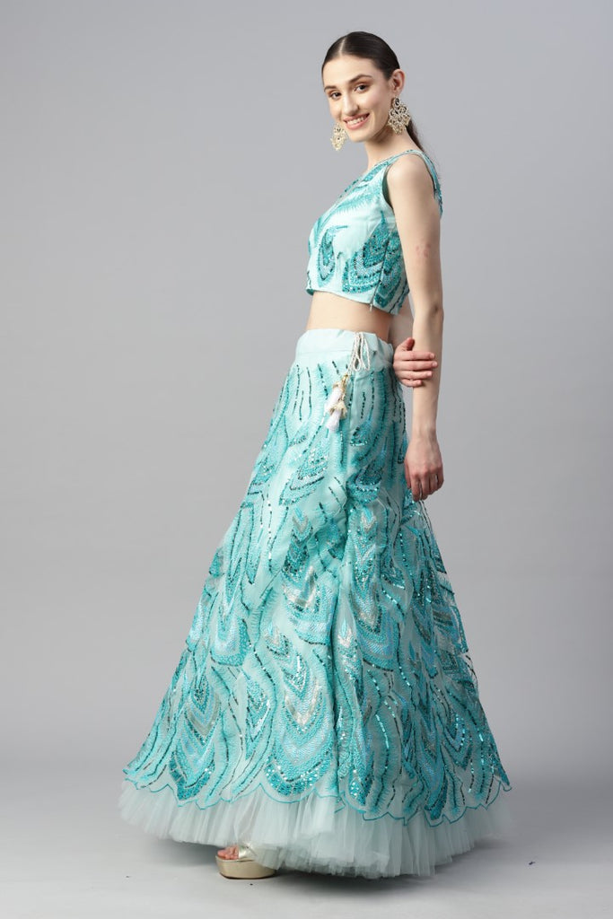 Women's Sky Blue Net Thread Embroidery Lehenga Set