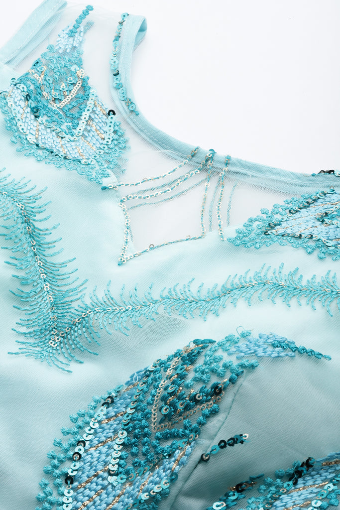 Women's Sky Blue Net Thread Embroidery Lehenga Set