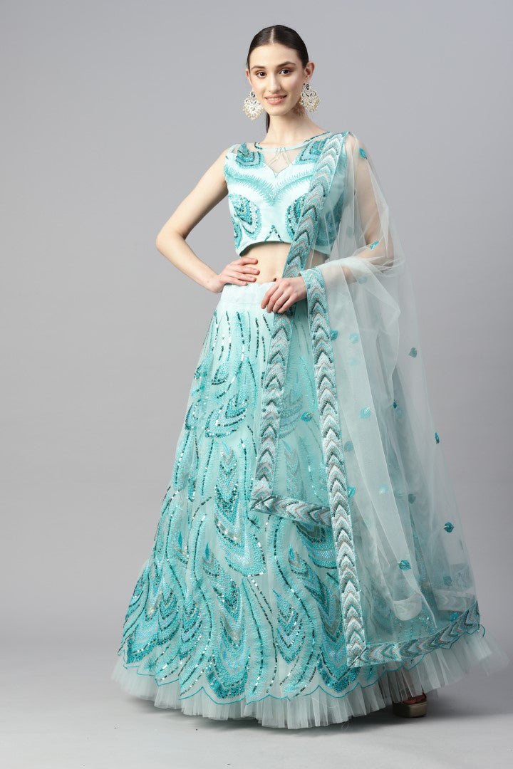 Women's Sky Blue Net Thread Embroidery Lehenga Set - Aastha Fashion