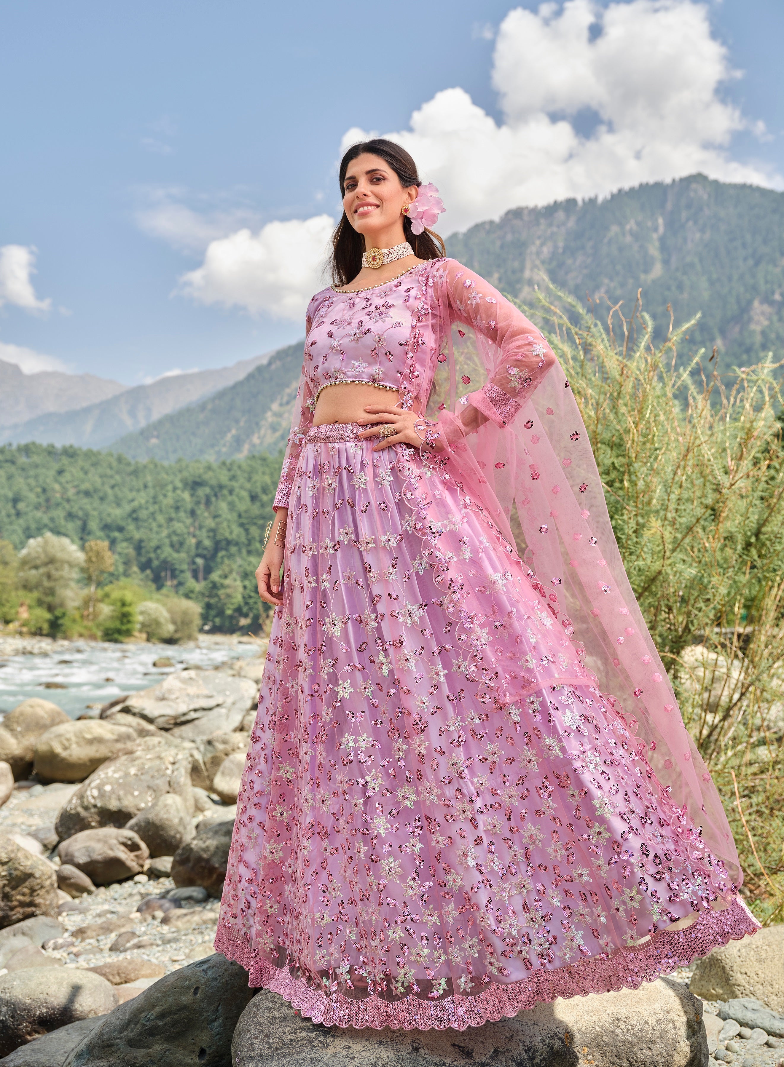 Women's Lavender Net Sequience Work Lehenga Set - Aastha Fashion