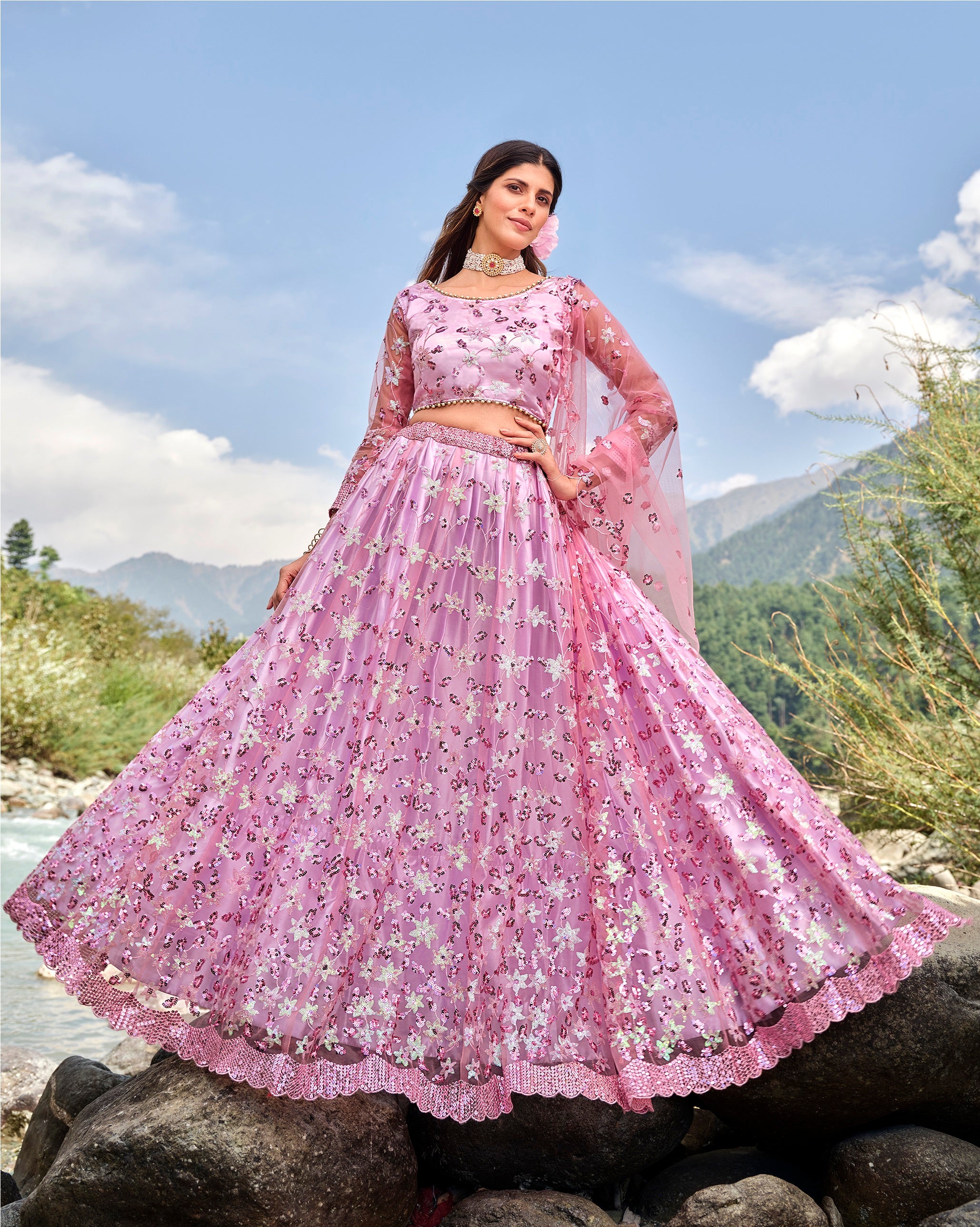 Women's Lavender Net Sequience Work Lehenga Set - Aastha Fashion