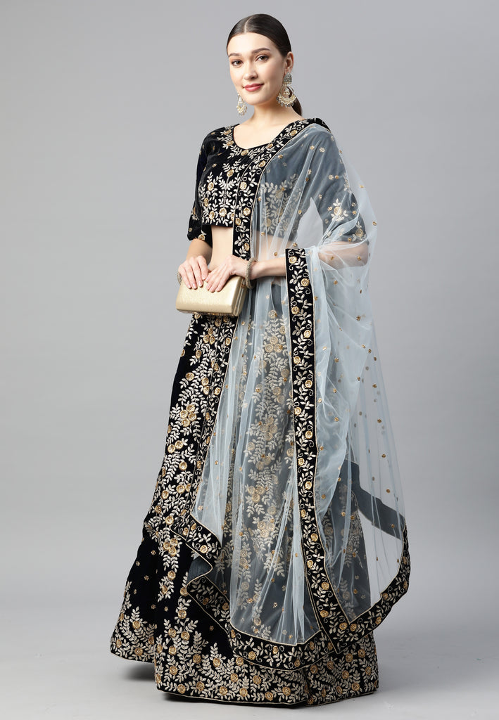 Women's Navy Blue Velvet Zari Work Lehenga Set