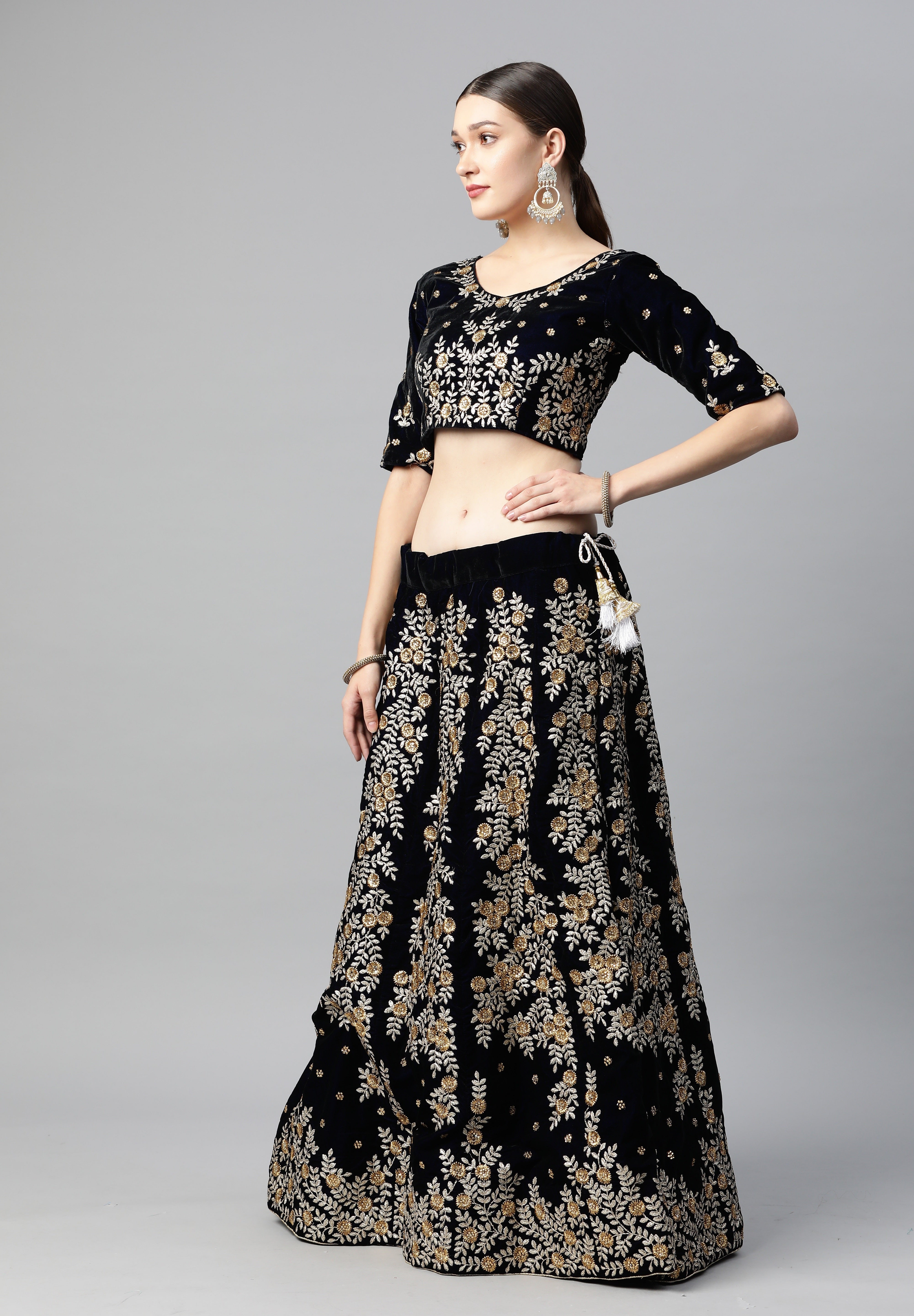 Women's Navy Blue Velvet Zari Work Lehenga Set - Aastha Fashion