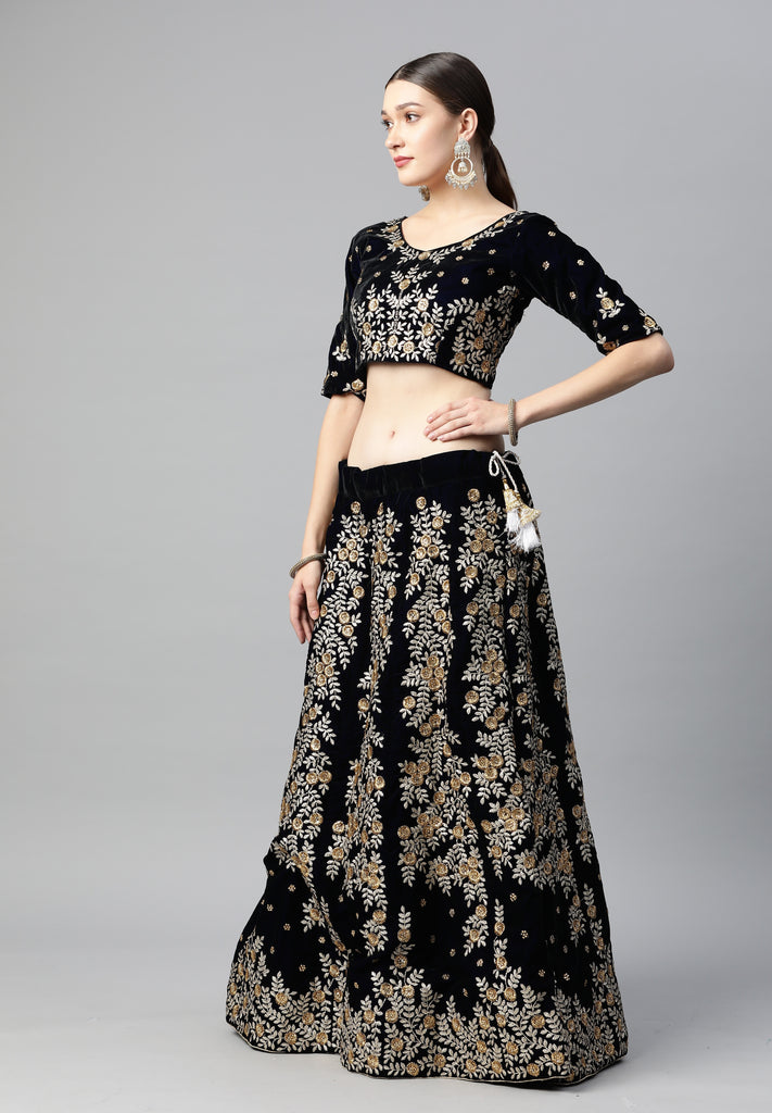 Women's Navy Blue Velvet Zari Work Lehenga Set