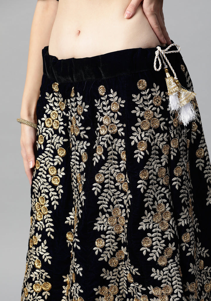 Women's Navy Blue Velvet Zari Work Lehenga Set