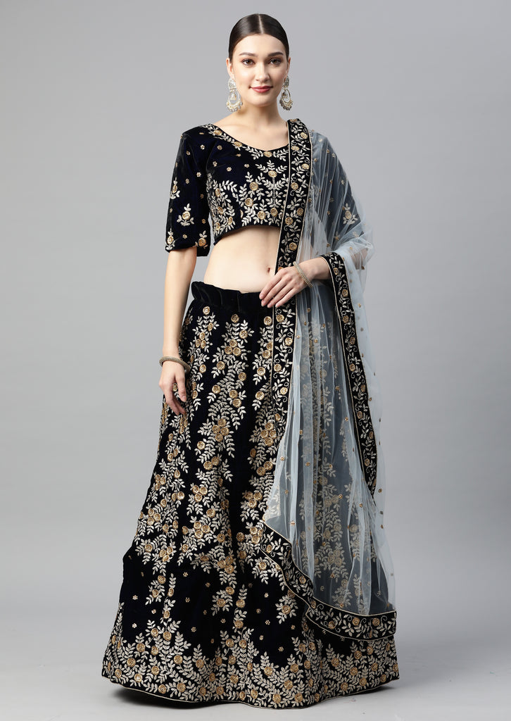 Women's Navy Blue Velvet Zari Work Lehenga Set