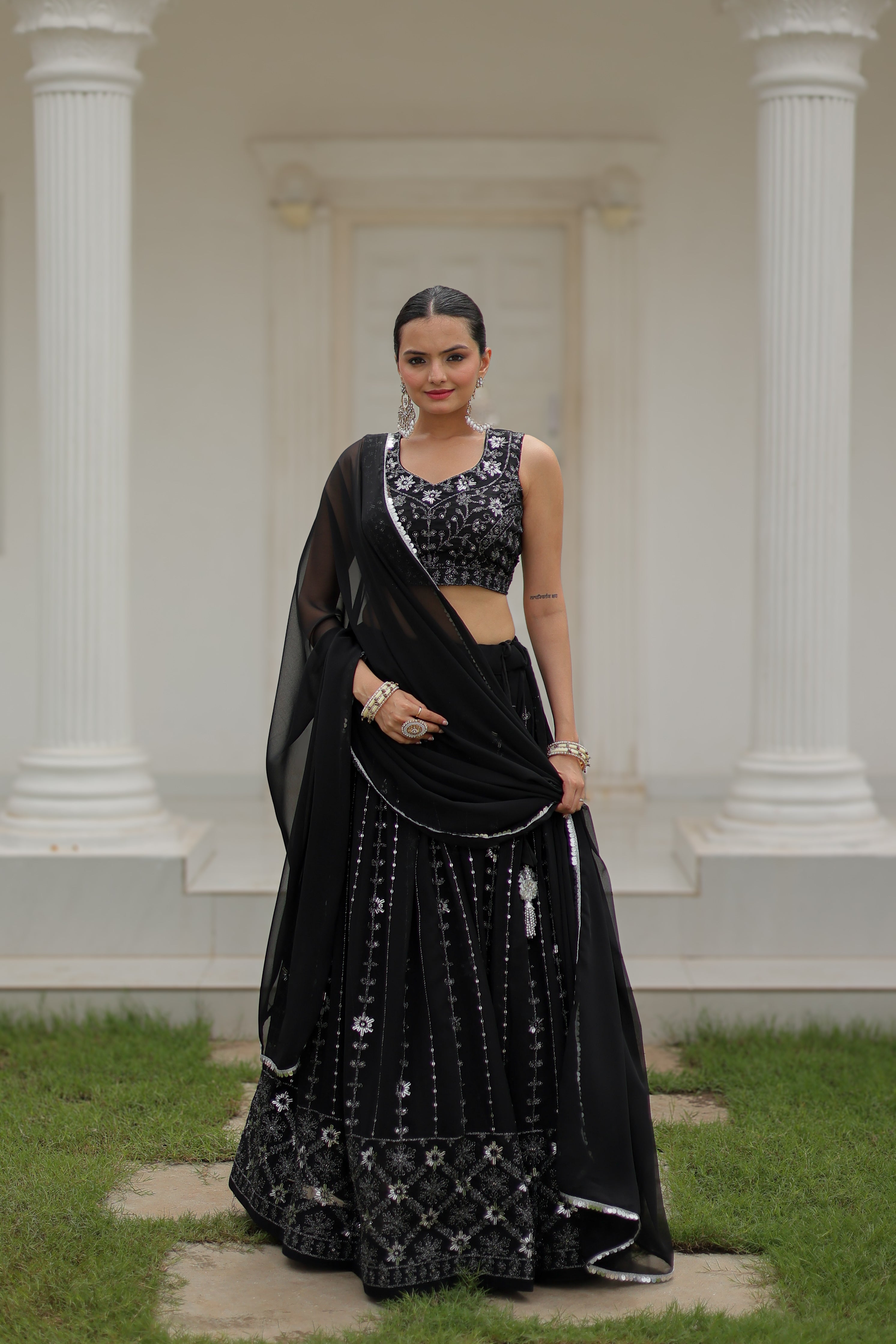 Women's Black Pure Georgette Heavy Embroidery Work Lehenga Set - Aastha Fashion