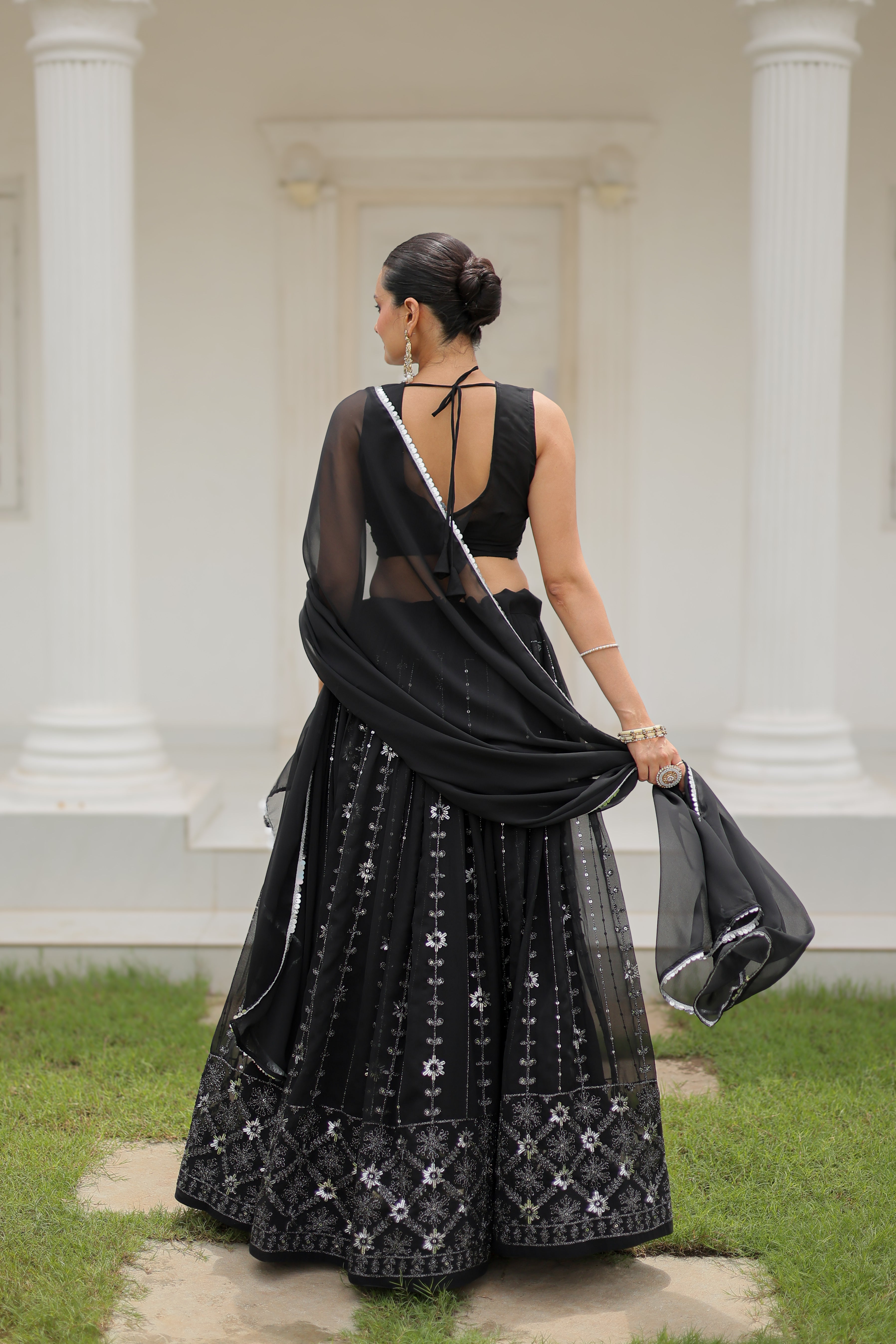 Women's Black Pure Georgette Heavy Embroidery Work Lehenga Set - Aastha Fashion