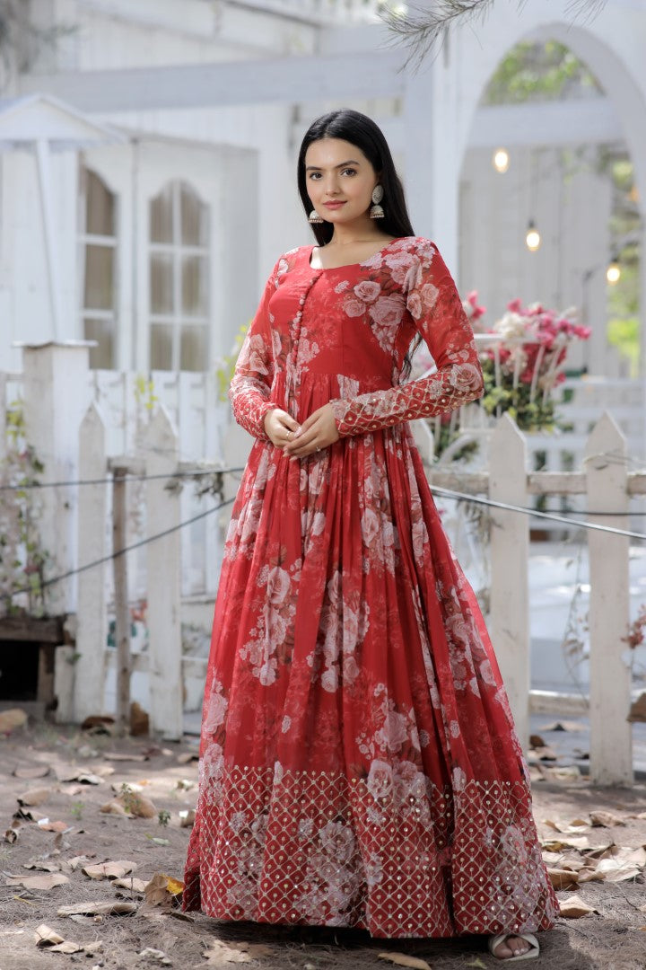 Women 's Red Faux Georgette Embroidery Gown - Aastha Fashion