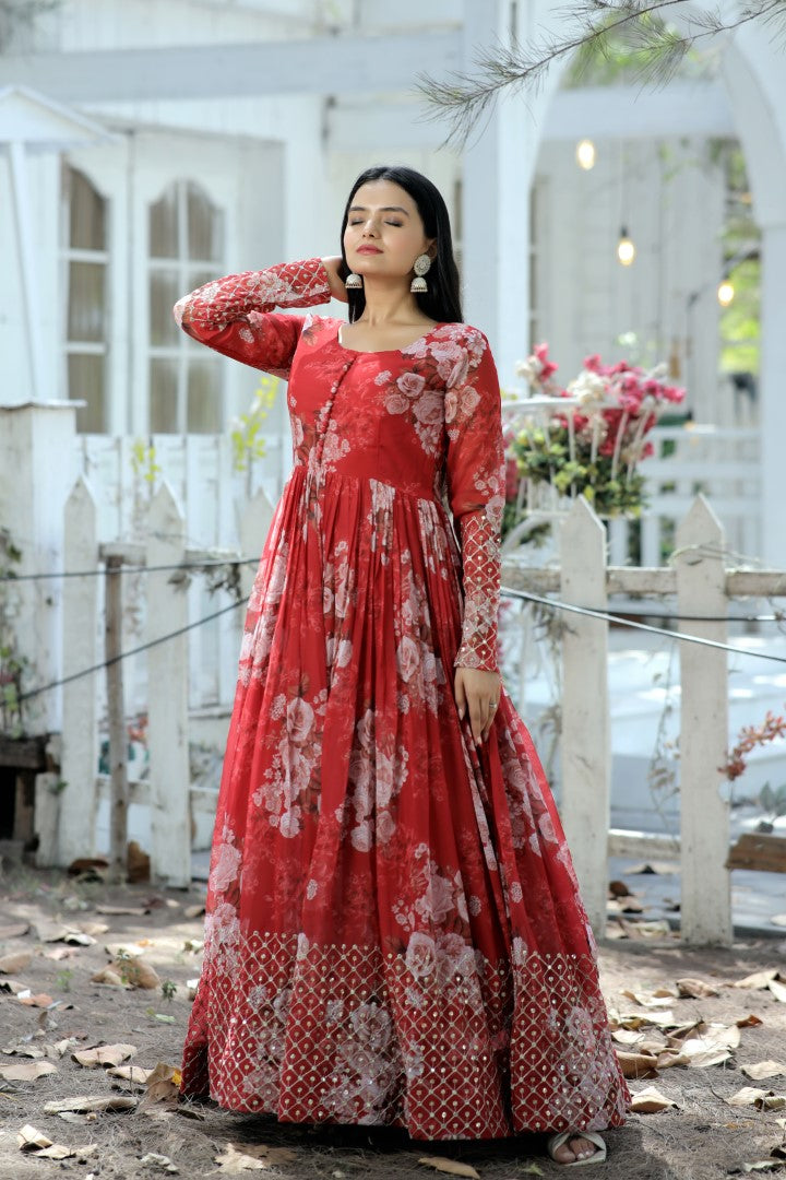 Women 's Red Faux Georgette Embroidery Gown - Aastha Fashion