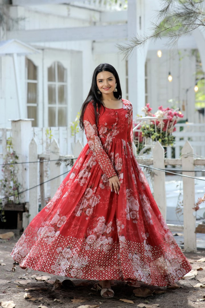 Women 's Red Faux Georgette Embroidery Gown - Aastha Fashion