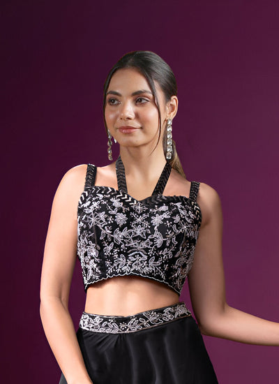 Women's Black Georgette Embroidery Thread With Zari Work Readymade Lehenga Choli Set  (stitched 40 size, Alt 38 to 44 size)