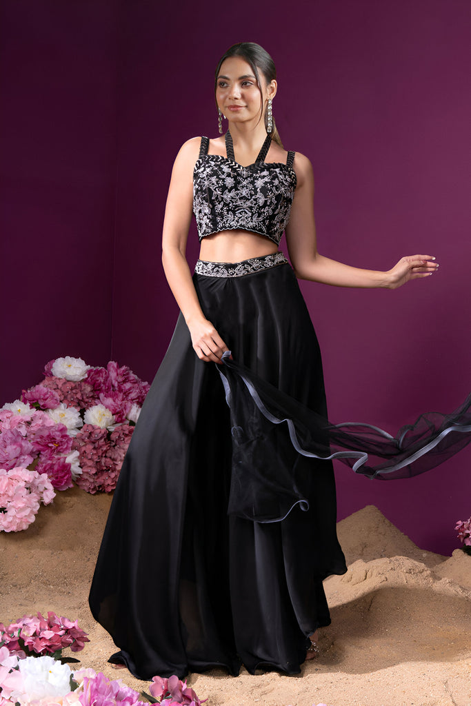 Women's Black Georgette Embroidery Thread With Zari Work Readymade Lehenga Choli Set  (stitched 40 size, Alt 38 to 44 size)