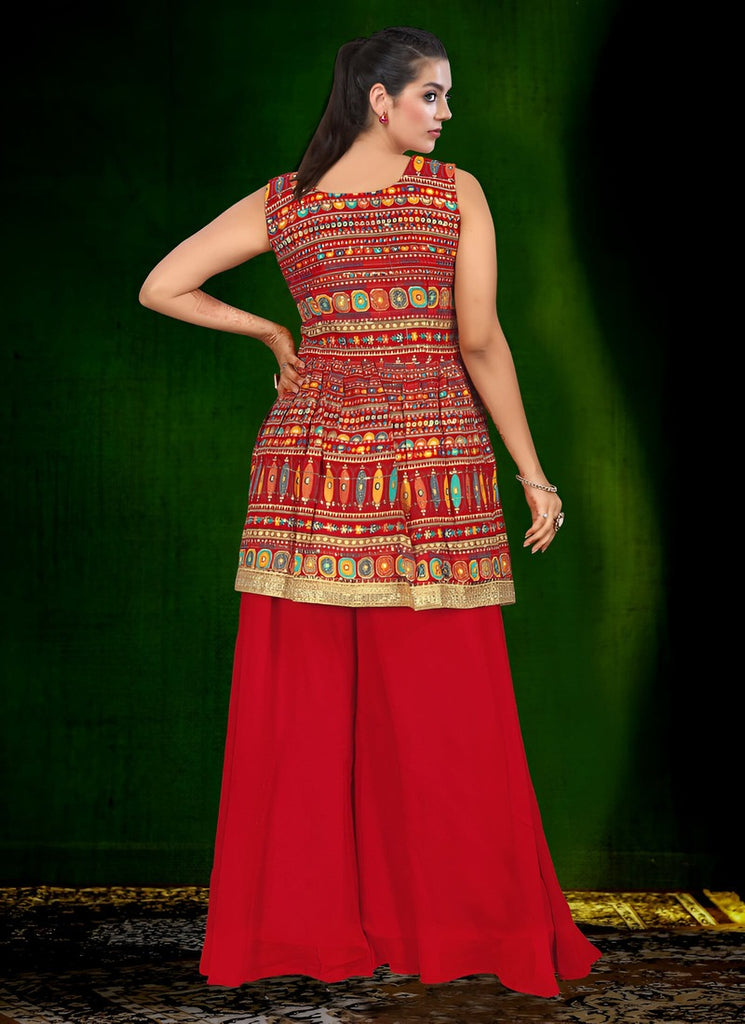 Women's Red Georgette Embroidery Thread With Zari Work Readymade Lehenga Choli Set  (stitched 40 size, Alt 38 to 44 size)