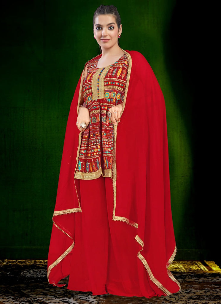 Women's Red Georgette Embroidery Thread With Zari Work Readymade Lehenga Choli Set  (stitched 40 size, Alt 38 to 44 size)